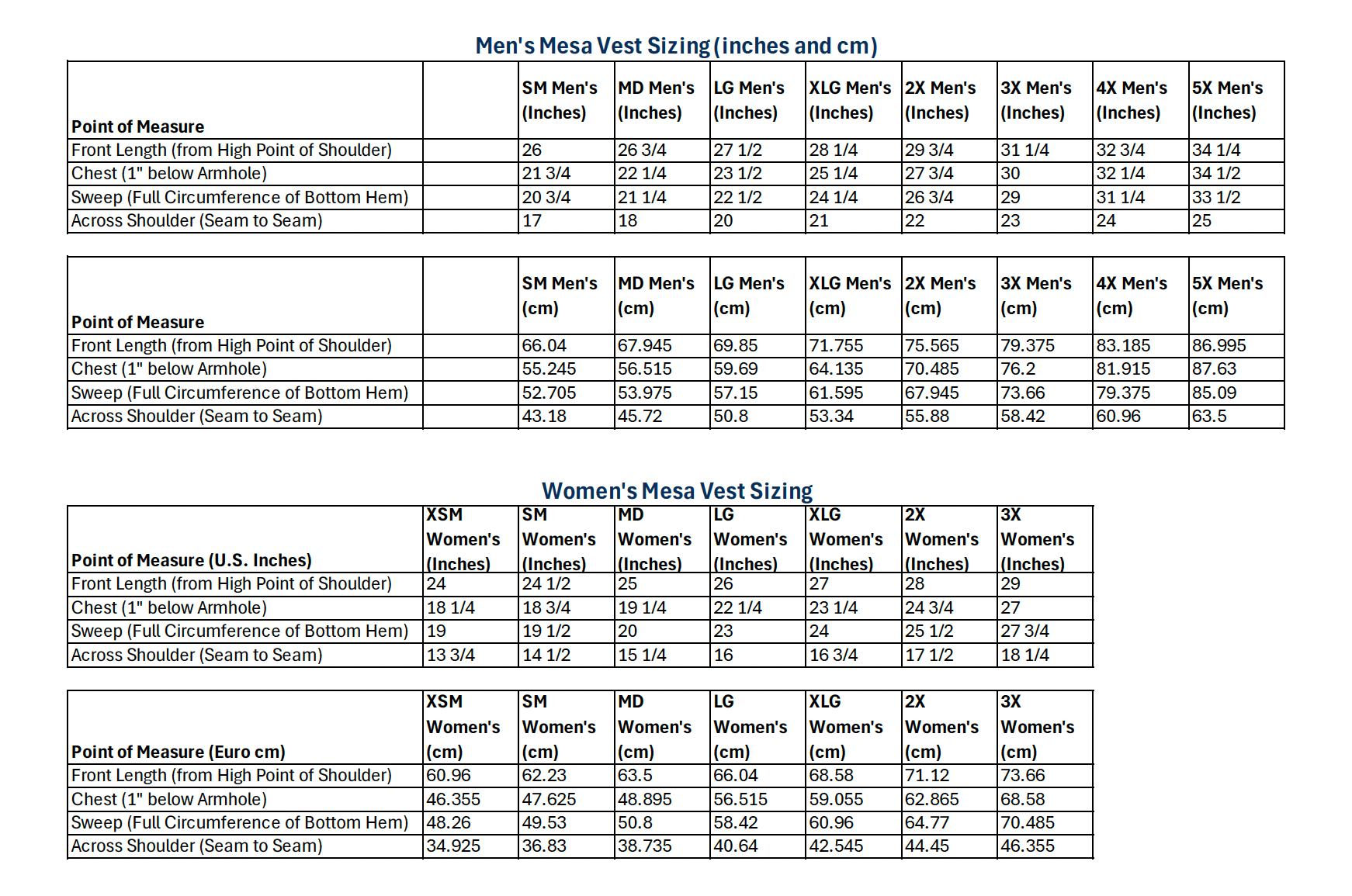 Graphic of sizing chart. For assistance with sizing, please contact odva@odva.org.